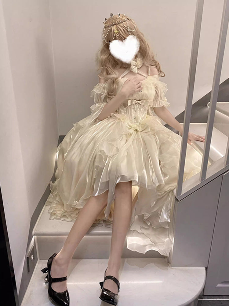 Beautiful High Low Off The Shoulder Short Sleeves Ivory Floral 16th Chiffon Birthday Dress Lolita Dress 18th Birthday Outfits HZ1121