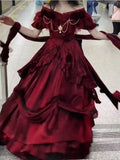 Retro Ball Gown Off The Shoulder Short Sleeves Burgundy Floral 16th Chiffon Birthday Dress Lolita Dress 18th Birthday Outfits HZ1121