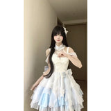 Vintage Ball Gown High Neck Light Sky Blue Chiffon Short Summer 18th Birthday Dress Lolita Dress Birthday Outfits HZ1121
