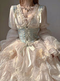 Retro Ball Gown V Neck Long Sleeves White Rose Floral 16th Chiffon Birthday Dress Lolita Dress 18th Birthday Outfits HZ1121