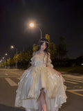 Princess High Low Off The Shoulder Short Sleeves Ivory Floral 16th Chiffon Birthday Dress Lolita Dress 18th Birthday Outfits HZ1121