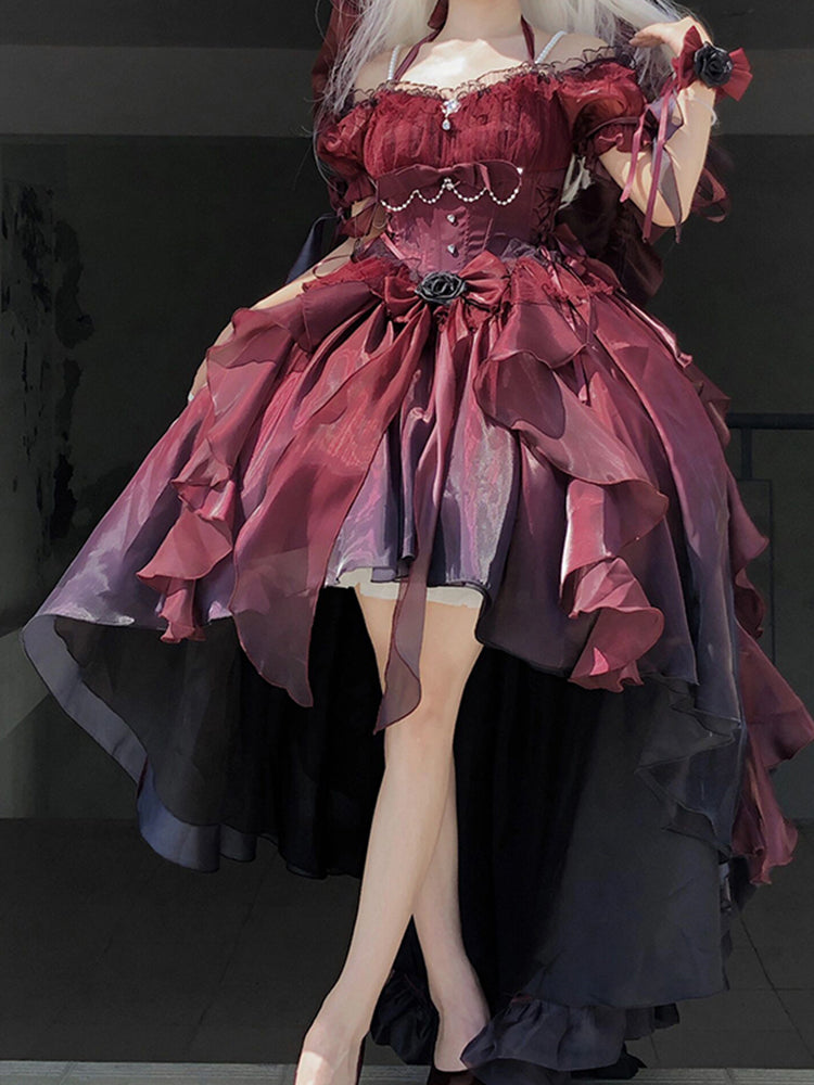 Beautiful High Low Off The Shoulder Short Sleeves Ombre Burgundy Floral 16th Chiffon Birthday Dress Lolita Dress 18th Birthday Outfits HZ1121