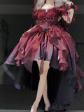 Beautiful High Low Off The Shoulder Short Sleeves Ombre Burgundy Floral 16th Chiffon Birthday Dress Lolita Dress 18th Birthday Outfits HZ1121