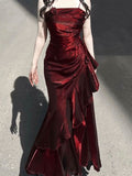 Vintage Mermaid Spaghetti Straps Burgundy Long Summer 18th Birthday Dress Lolita Dresses Birthday Outfits HZ1121