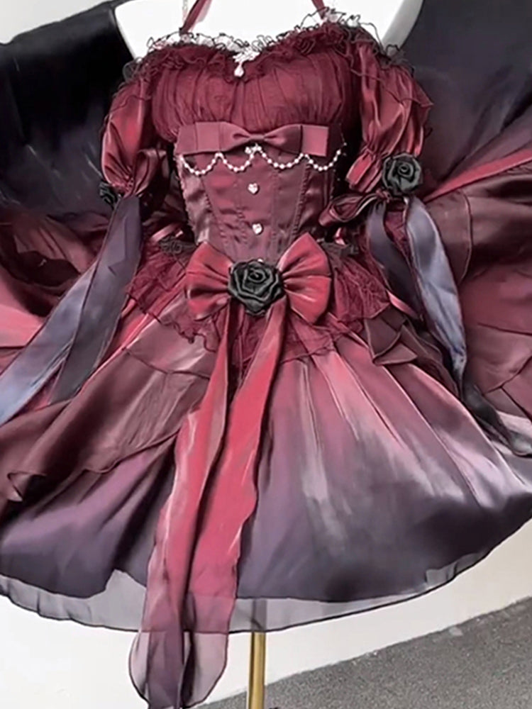 Beautiful High Low Off The Shoulder Short Sleeves Burgundy Rose Floral 16th Chiffon Birthday Dress Lolita Dress 18th Birthday Outfits HZ1121