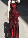 Vintage Mermaid Spaghetti Straps Burgundy Long Summer 18th Birthday Dress Lolita Dresses Birthday Outfits HZ1121