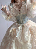 Retro Ball Gown V Neck Long Sleeves White Rose Floral 16th Chiffon Birthday Dress Lolita Dress 18th Birthday Outfits HZ1121