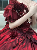 Retro Ball Gown Off The Shoulder Short Sleeves Burgundy Floral 16th Chiffon Birthday Dress Lolita Dress 18th Birthday Outfits HZ1121