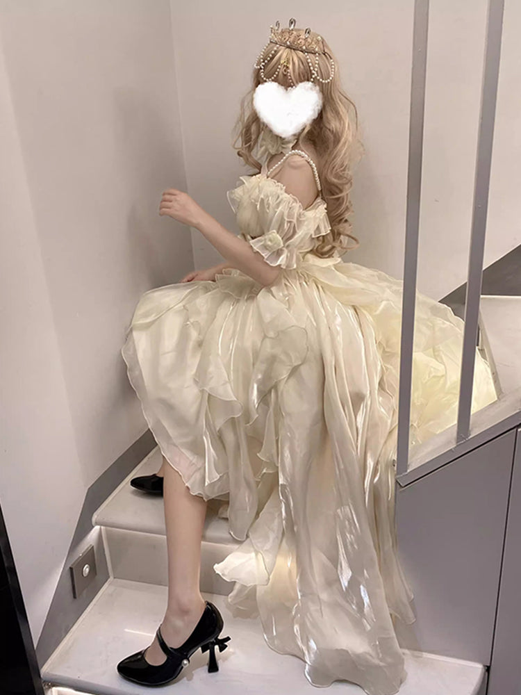 Beautiful High Low Off The Shoulder Short Sleeves Ivory Floral 16th Chiffon Birthday Dress Lolita Dress 18th Birthday Outfits HZ1121