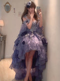 Vintage Ball Gown Spaghetti Straps Grape Chiffon Summer 18th Birthday Dress High Low Ombre Blue Pearls Lolita Dress Birthday Outfits HZ1121