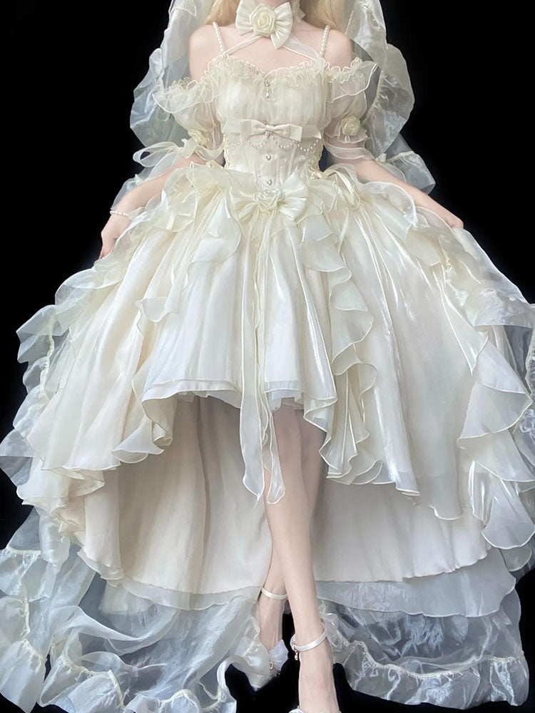 Beautiful High Low Off The Shoulder Short Sleeves Beige Rose Floral 16th Chiffon Birthday Dress Lolita Dress 18th Birthday Outfits HZ1121