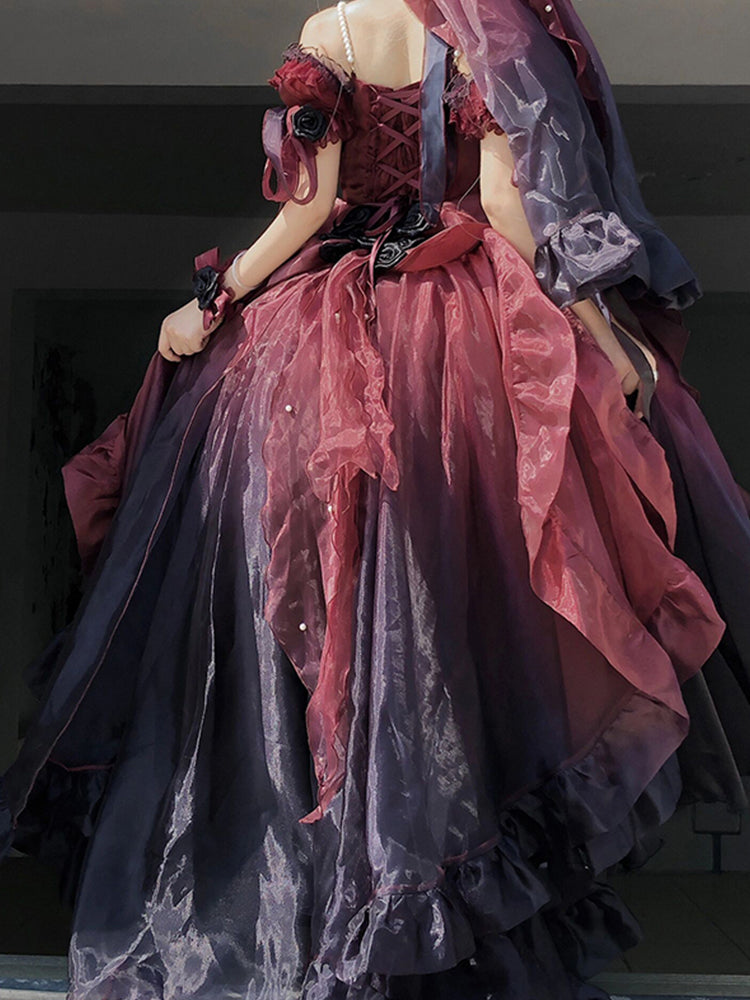 Beautiful High Low Off The Shoulder Short Sleeves Burgundy Rose Floral 16th Chiffon Birthday Dress Lolita Dress 18th Birthday Outfits HZ1121