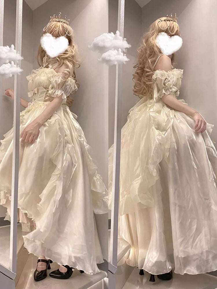 Beautiful High Low Off The Shoulder Short Sleeves Ivory Floral 16th Chiffon Birthday Dress Lolita Dress 18th Birthday Outfits HZ1121