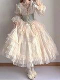 Retro Ball Gown V Neck Long Sleeves White Rose Floral 16th Chiffon Birthday Dress Lolita Dress 18th Birthday Outfits HZ1121