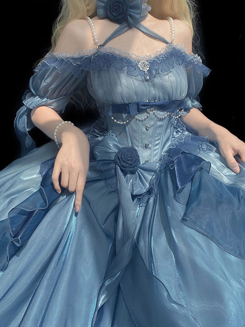 Beautiful High Low Off The Shoulder Short Sleeves Blue Rose Floral 16th Chiffon Birthday Dress Lolita Dress 18th Birthday Outfits HZ1121
