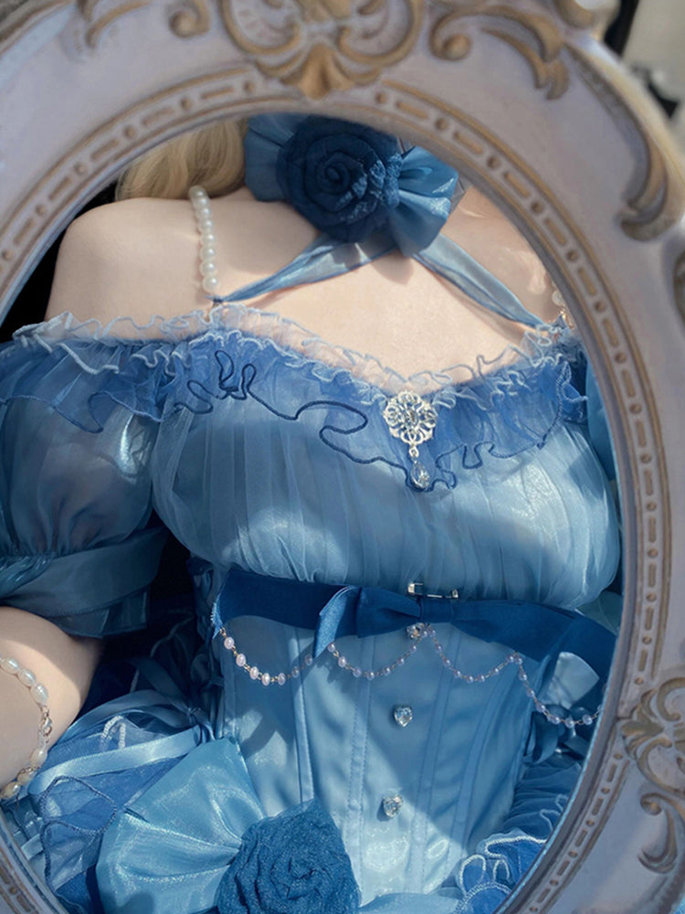 Beautiful High Low Off The Shoulder Short Sleeves Blue Rose Floral 16th Chiffon Birthday Dress Lolita Dress 18th Birthday Outfits HZ1121