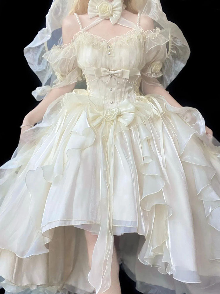 Beautiful High Low Off The Shoulder Short Sleeves Beige Rose Floral 16th Chiffon Birthday Dress Lolita Dress 18th Birthday Outfits HZ1121