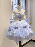 Vintage Ball Gown Spaghetti Straps Short Chiffon Summer 18th Birthday Dress High Low Ombre Blue Pearls Lolita Dress Birthday Outfits HZ1121
