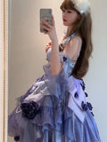 Vintage Ball Gown Spaghetti Straps Grape Chiffon Summer 18th Birthday Dress High Low Ombre Blue Pearls Lolita Dress Birthday Outfits HZ1121