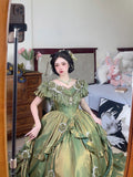 Retro Ball Gown Off The Shoulder Short Sleeves Green Rose Floral 16th Chiffon Birthday Dress Lolita Dress 18th Birthday Outfits HZ1121