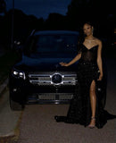 Pretty Sparkly Mermaid Strapless Black Prom Dress With Slit Graduation Dress HZ1121