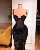 Vintage Mermaid Straps Beads Black Sequins Long Prom Dress Party Dress Graduation Dresses Birthday Outfits HZ1121