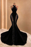 Pretty Sparkly Mermaid Halter Beads Black Prom Dress Long Graduation Dress HZ1121