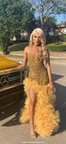 Gorgeous Mermaid Gold Beads Ruffles Tulle Long Prom Dress Party Dress Graduation Dresses HZ1121