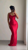 Pretty Mermaid Halter Red Satin Prom Dresses Black Girl Graduation Dress HZ1121