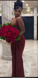 Pretty Mermaid Straps Wine Red Velvet Long Prom Dresses Black Girl Graduation Dress HZ1121