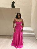 Pretty Mermaid Spaghetti Straps Pink Satin Long Prom Dresses Black Girl Graduation Dress HZ1121