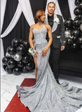 Gorgeous Mermaid Strapless Black Girl Silver Sequin Slit Long Birthday Dress Prom Dress Graduation Dresses HZ1121