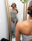 Gorgeous Mermaid Strapless Black Girl Silver Sequin Slit Long Birthday Dress Prom Dress Graduation Dresses HZ1121