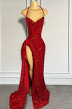 Sexy Mermaid Halter Red Sequin Slit Long Birthday Dress Prom Dress Graduation Dresses HZ1121