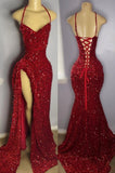 Sexy Mermaid Halter Red Sequin Slit Long Birthday Dress Prom Dress Graduation Dresses HZ1121