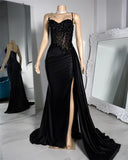 Gorgeous Mermaid Straps Black Satin Slit 23rd Birthday Dress Prom Dress Birthday Outfits For Women HZ1121