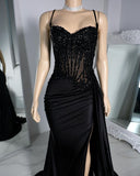 Gorgeous Mermaid Straps Black Satin Slit 23rd Birthday Dress Prom Dress Birthday Outfits For Women HZ1121