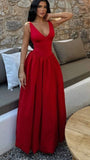 Sexy A line V Neck Red Long Birthday Dress Birthday Outfits Graduation Dresses HZ1121