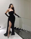 Sexy Mermaid Strapless Black Sequin Slit Long Birthday Dress Birthday Outfits Graduation Dresses HZ1121