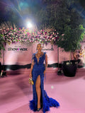 Gorgeous Mermaid V Neck Slit Royal Blue Sequin Long Prom Dress Party Dress Graduation Dresses HZ1121
