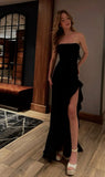 Sexy Mermaid Strapless Black Satin Slit Long Birthday Dress Birthday Outfits Graduation Dresses HZ1121
