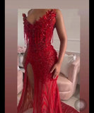 Gorgeous Mermaid V Neck Red Slit Sequin Long Prom Dress Party Dress Graduation Dresses HZ1121