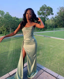 Pretty Mermaid Strapless Slit Black Girl Satin Long Prom Dresses Graduation Dress Evening Gowns HZ1121
