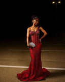 Sexy Mermaid One Shoulder Sequin Wine Red Long Birthday Dress Birthday Outfits Graduation Dresses HZ1121