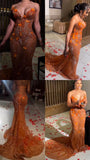 Pretty Mermaid Sweetheart Orange Sequin Black Girl Long Prom Dresses Graduation Dress Evening Gowns HZ1121