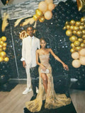 Sexy Mermaid Strapless Gold Sequin Slit Long Birthday Dress Birthday Outfits Graduation Dresses HZ1121