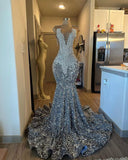 Sexy Mermaid Scoop Silver Beads Sequin Long Birthday Dress Birthday Outfits Graduation Dresses HZ1121