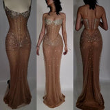 Sexy Mermaid Strapless Silver Beads Champagne Long Birthday Dress Birthday Outfits Graduation Dresses HZ1121