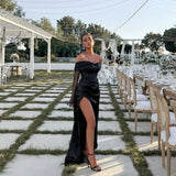 Classy Sheath Off The Shoulder Satin Slit Prom Dresses Black Summer Wedding Guest Dresses Wedding Guest Outfits HZ1121