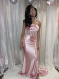 Classy Mermaid Strapless Pink Satin Prom Dresses Summer Wedding Guest Dresses Wedding Guest Outfits HZ1121